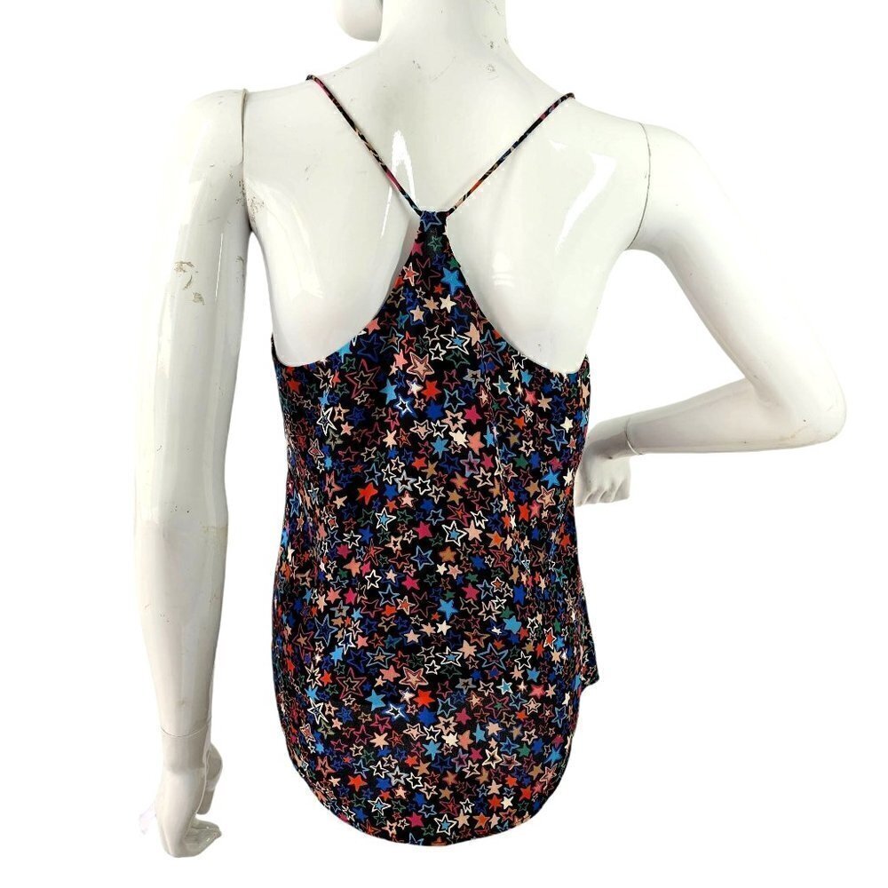 J. Crew T Back Cami Top Black Multicolor Stars Curved Hem Lightweight Size 2 NEW